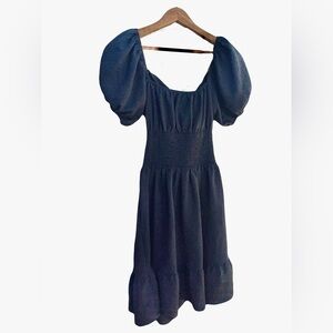 Puff-Sleeve Black Midi Dress with bow tie back